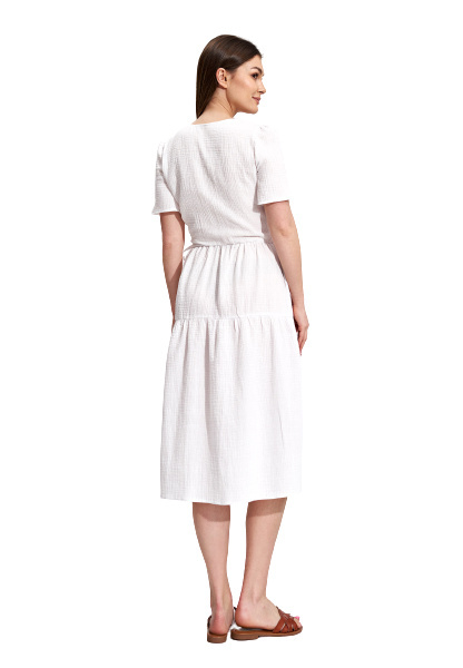 Sukienka letnia midi rozkloszowana dekolt V krótki rękaw biała